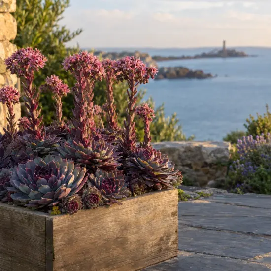Joubarbe 'Bigsam® purple quartz' (Sempervivum) — succulentes pourpres en bac bois devant la mer