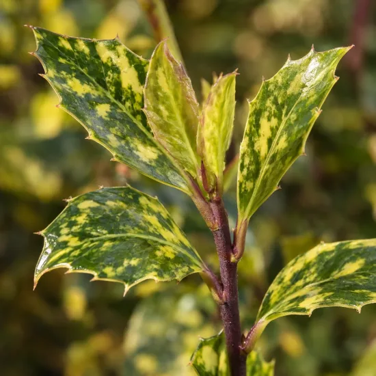 Houx à feuilles de myrte panaché 'Myrtifolia aurea maculata' (Ilex aquifolium) — gros plan sur jeunes feuilles panachées épineuses · Photo d'illustration