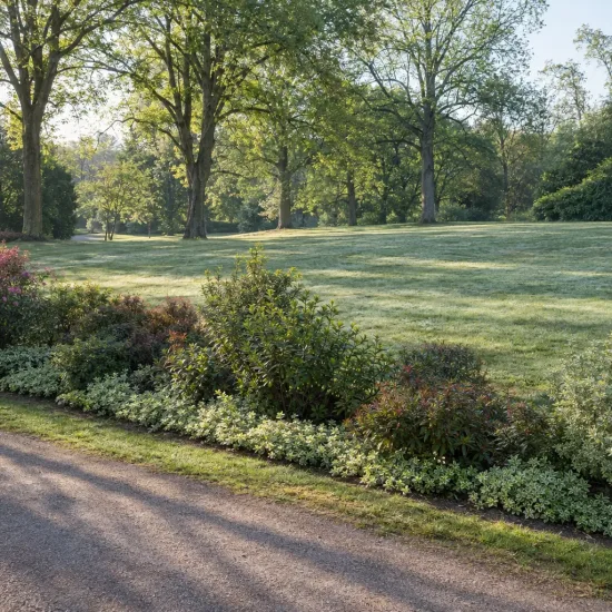Fusain de fortune 'Harlequin' (Euonymus fortunei) — massif d’arbustes bordant une allée de parc · Photo d'illustration
