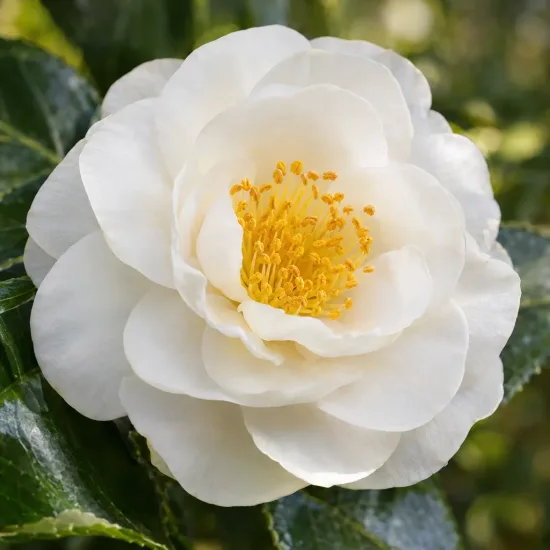 Camélia (Camellia sinensis) — grande fleur blanche aux étamines jaunes · Photo d'illustration