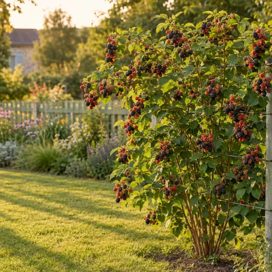 Murier 'Triple crown' (Rubus fruticosus) — arbuste fruitier chargé de baies noires au jardin · Photo d'illustration