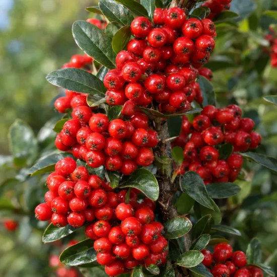 Buisson-ardent 'Red column' (Pyracantha) — grappes serrées de petites baies rouges brillantes · Photo d'illustration