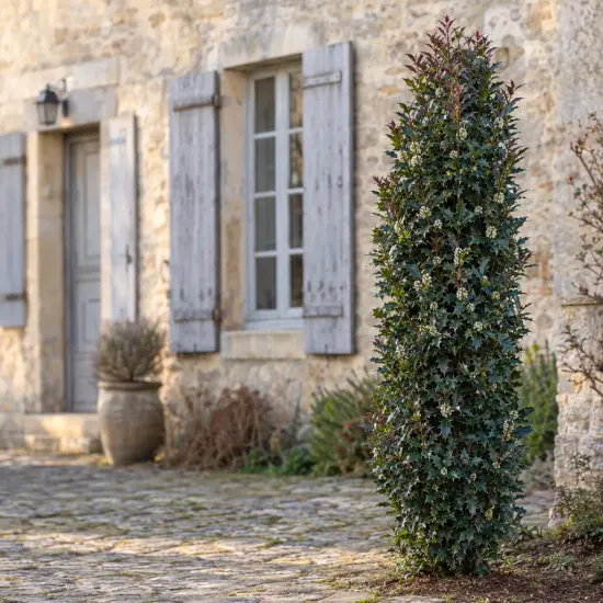 Houx arbustif 'Hach1' (Ilex × meserveae) — arbuste dense et étroit devant maison en pierre