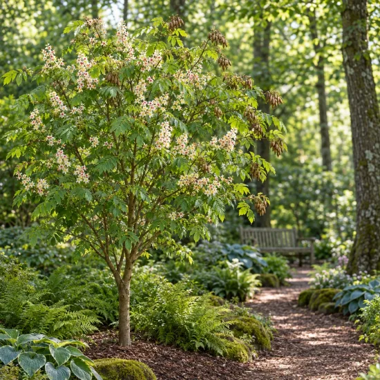 Xanthoceras (Xanthoceras sorbifolia) — petit arbre fleuri au bord d’un sentier forestier · Photo d'illustration