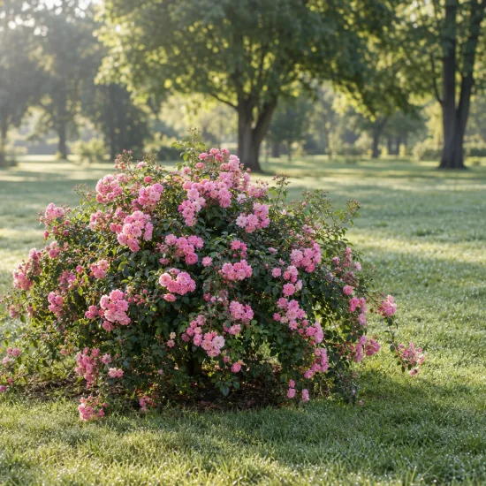 Rosier couvre-sol 'Pretty fairy' (Rosa) — massif arrondi de petites fleurs roses · Photo d'illustration