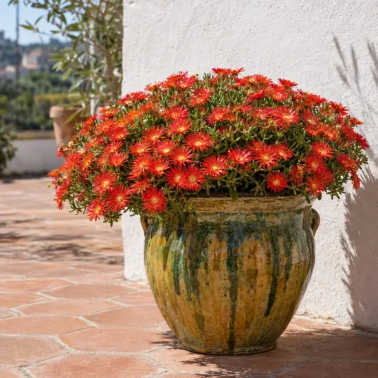 Pourpier vivace 'Nani forssmann' (Delosperma dyeri) — pot vernissé sur terrasse avec abondantes fleurs orange · Photo d'illustration