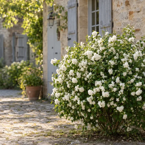 Seringat des jardins à fleurs simples 'Bouquet blanc' (Philadelphus) — grand arbuste couvert de fleurs blanches près d’une maison · Photo d'illustration