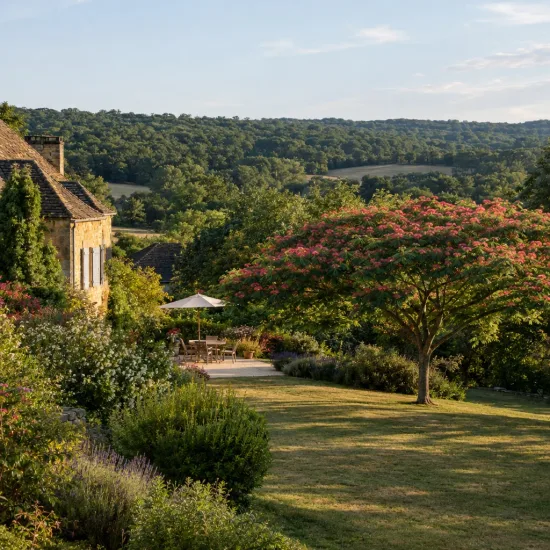 Arbre à soie à fleurs rouge 'Rouge selection' (Albizia) — grand arbre fleuri près d'une maison en pierre · Photo d'illustration