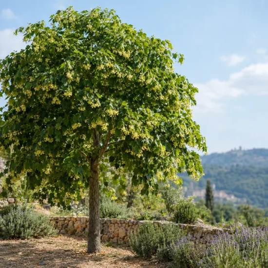 Tilleul commun 'Euchlora' (Tilia europaea) — arbre isolé au feuillage dense près d’un muret · Photo d'illustration