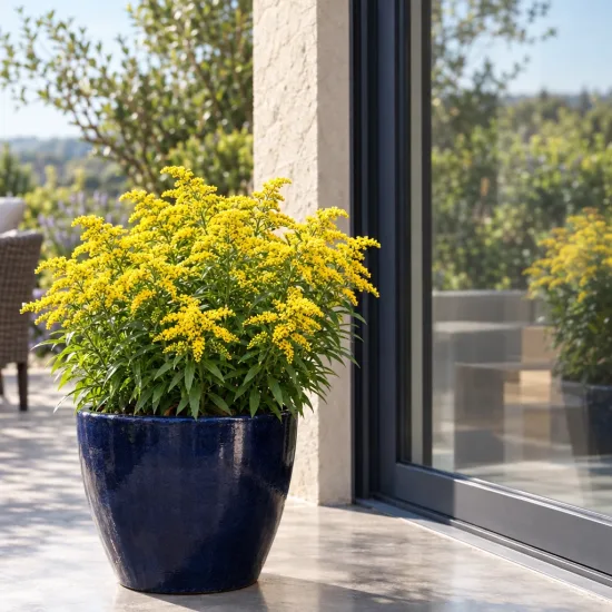 Verge d'or 'Golden dwarf' (Solidago) — plante florifère jaune en pot bleu sur terrasse · Photo d'illustration