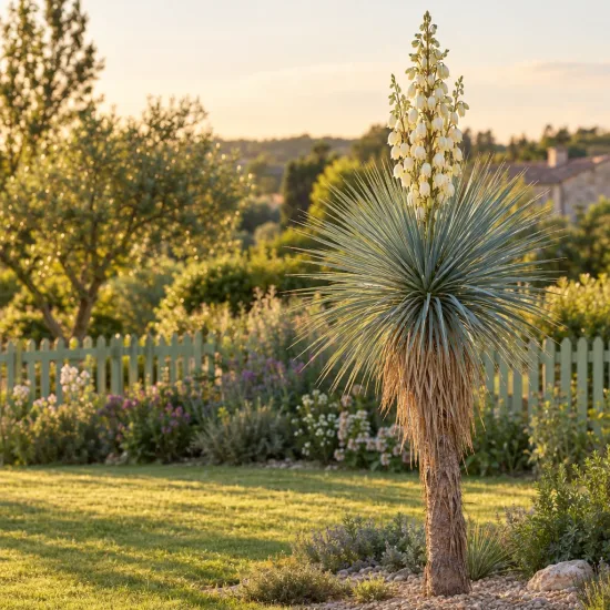 Yucca 'Saphire skies' (Yucca rostrata) — plante graphique à hampes fleuries dans jardin paysager · Photo d'illustration
