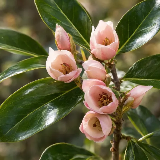 Magnolia à fleur rose 'Micjur01' (Michelia) — grappe de petites fleurs roses et feuillage luisant · Photo d'illustration