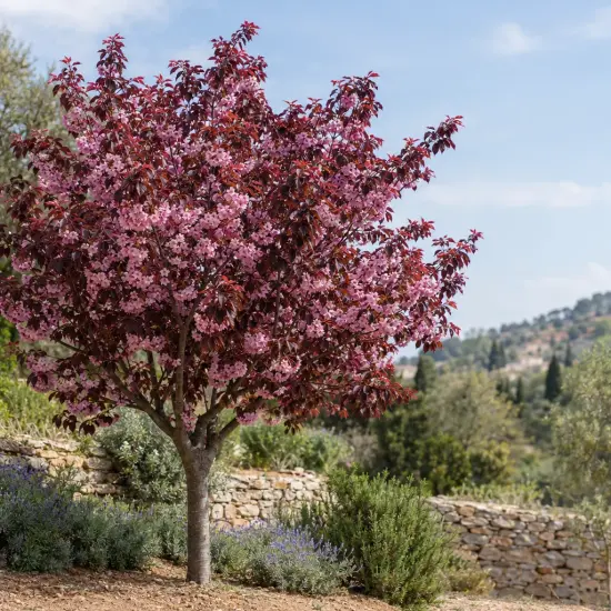 Cerisier du japon 'Royal burgundy' (Prunus serrulata) — arbre ornemental en fleurs dans un jardin