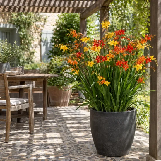 Montbretia 'Mélange' (Croscosmia × crocosmiiflora) — touffe fleurie en pot sur terrasse ombragée · Photo d'illustration