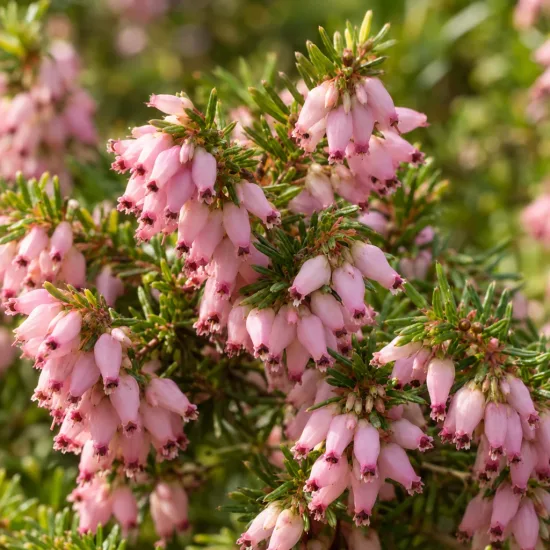 Bruyère 'Ghost hills rose' (Erica darleyensis) — grappes de petites fleurs roses en clochettes · Photo d'illustration