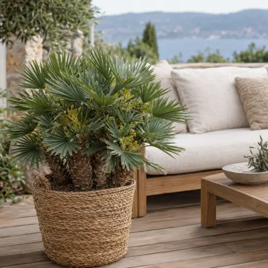 Palmier nain 'Vulcano' (Chamaerops humilis) — palmier en pot tressé sur terrasse aménagée