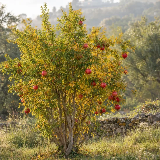 Grenadier à fruit 'Teheran' (Punica granatum) — arbuste fruitier isolé avec fruits ronds rouges · Photo d'illustration