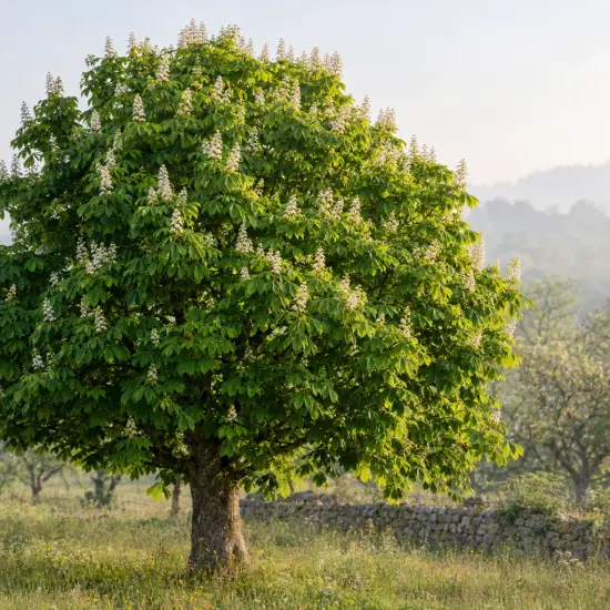 Marronnier (Aesculus hippocastanum) — grand arbre isolé avec fleurs en grappes