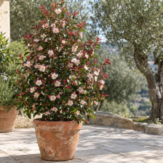 Camélia du japon 'Cupido' (Camellia rosthorniana) — arbuste fleuri en pot sur terrasse ensoleillée