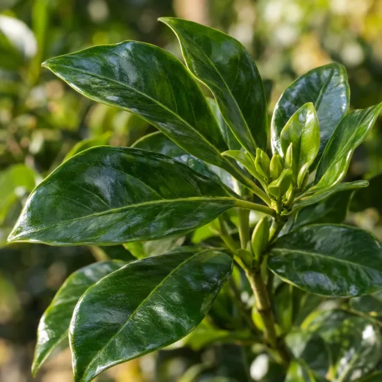 Gardenia rustique à fleurs doubles 'Grandiflora' (Gardenia jasminoides) — gros plan sur feuillage vert brillant · Photo d'illustration