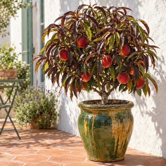 Pêcher 'Crimson bonfire' (Prunus persica) — arbre fruitier en pot sur terrasse ensoleillée · Photo d'illustration