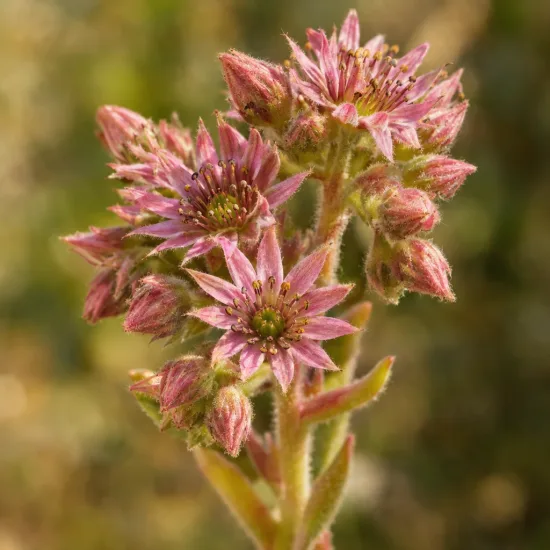 Joubarbe 'Butterscotch baby' (Sempervivum) — grappe de petites fleurs étoilées roses · Photo d'illustration