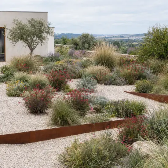Gaura rouge compacte 'Rubra nana' (Gaura lindheimeri) — massif sec avec graminées et vivaces fleuries