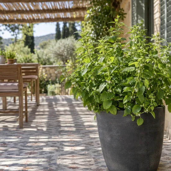 Mélisse citronnelle (Melissa officinalis) — grand plant feuillu en pot sur terrasse · Photo d'illustration