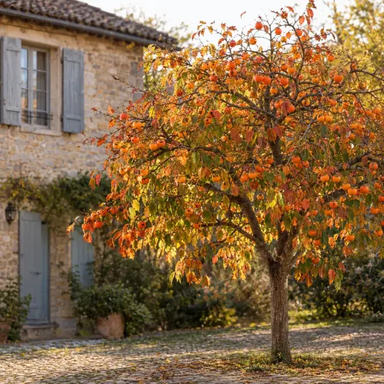 Plaqueminier 'Pomme' (Diospyros kaki) — arbre fruitier aux feuilles orangées devant maison
