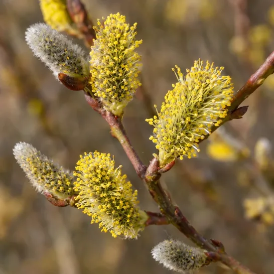Saule à rameaux bleus (Salix irrorata) — chatons jaunes et gris sur rameaux bruns · Photo d'illustration