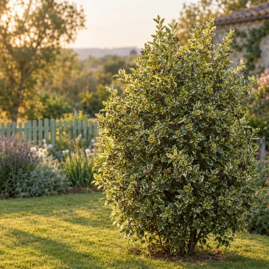 Alaterne panaché 'Argenteovariegata' (Rhamnus alaternus) — arbuste dense au feuillage panaché dans un jardin · Photo d'illustration