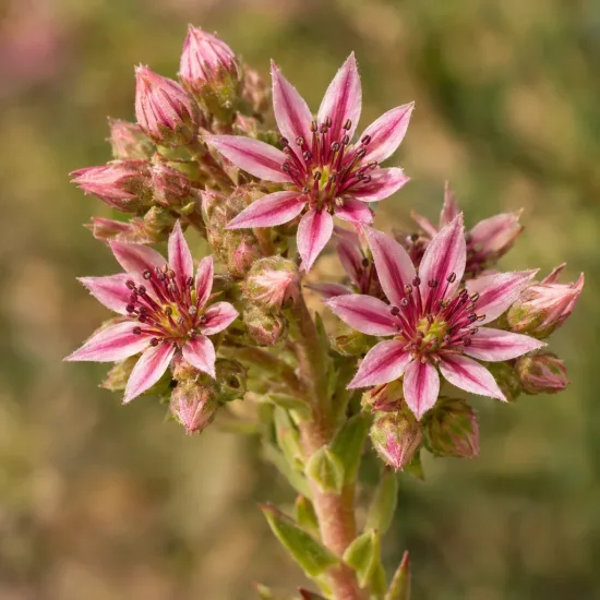 Joubarbe à rosette vert fluo 'Key lime kiss' (Sempervivum) — grappe de petites fleurs étoilées roses en gros plan · Photo d'illustration