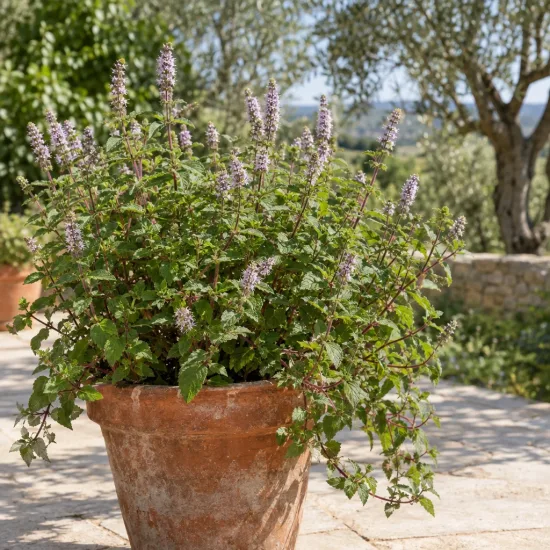 Menthe rouge 'Var raripila var. raripila' (Mentha rubra) — grand plant aromatique fleuri en pot terre cuite · Photo d'illustration