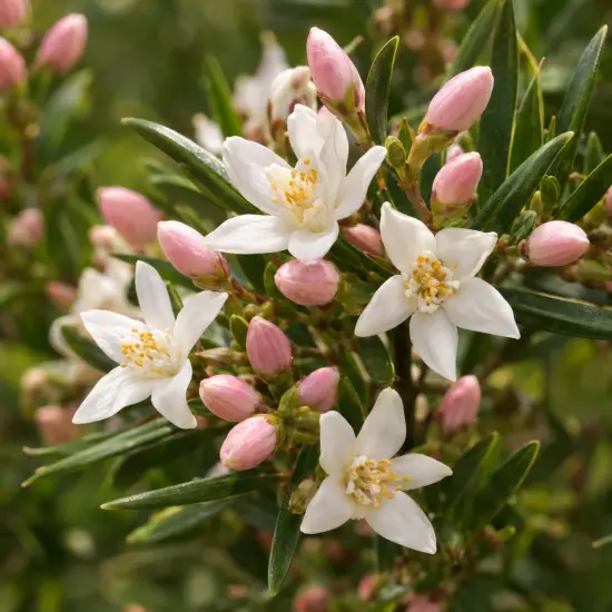 Fleur de cire à longues feuilles 'Flower girl white' (Eriostemon myoporoides) — fleurs blanches étoilées avec nombreux boutons roses