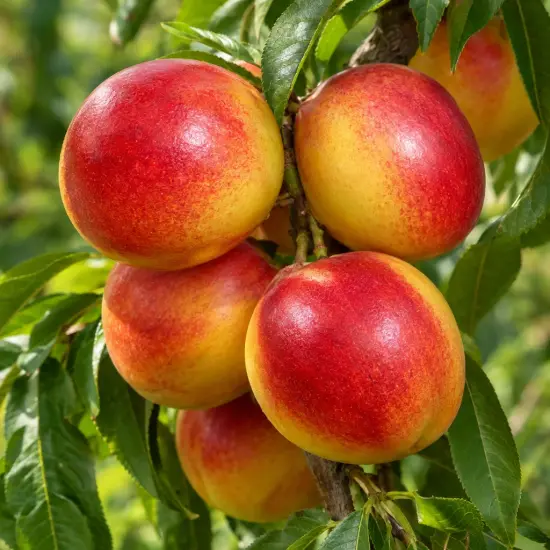 Nectarinier 'Fairlane' (Prunus persica) — gros plan de fruits rouges et jaunes sur branche