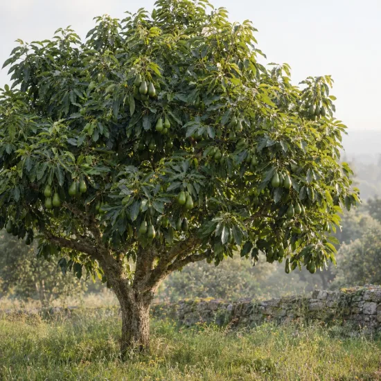 Avocatier race antillaise 'Nachar' (Persea americana) — arbre isolé portant de nombreux fruits allongés · Photo d'illustration