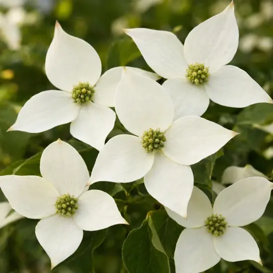 Cornouiller du japon 'Sluis slim' (Cornus kousa) — grappes de fleurs blanches à coeur vert, gros plan