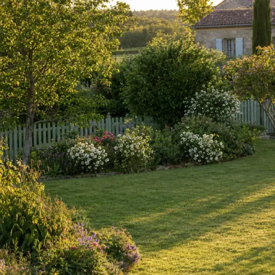 Seringat 'Manteau d'hermine' (Philadelphus) — massif arbustif fleuri le long d'une pelouse
