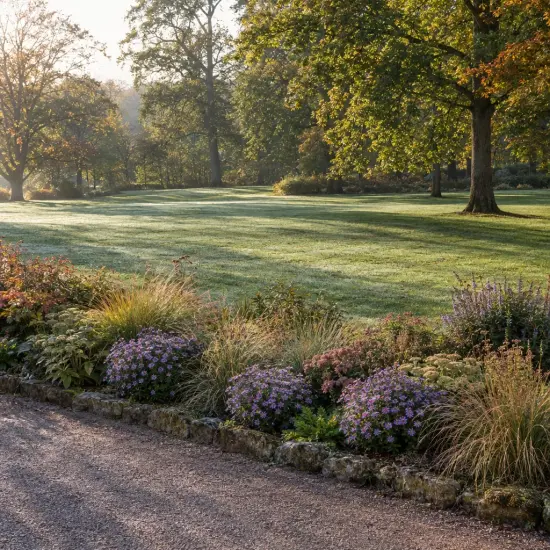 Aster nain 'Augenweide' (Aster dumosus) — massif de vivaces fleuries en bordure de pelouse