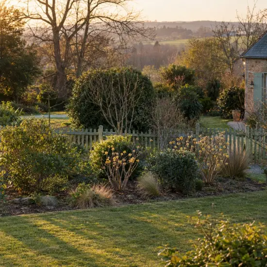 Edgeworthia 'Grandiflora' (Edgeworthia crysantha) — massif arbustif fleuri dans grand jardin au crépuscule