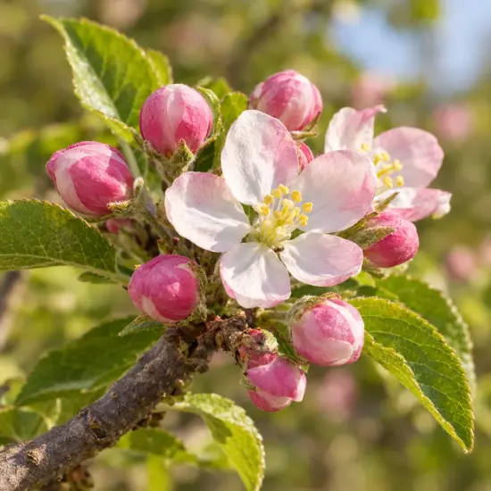 Pommier 'Ariane' (Malus domestica) — fleurs blanches entourées de boutons roses sur branche