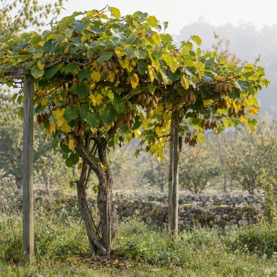 Kiwi 'Male femelle kiw'happy' (Actinidia deliciosa) — liane grimpante fruitière palissée sur pergola au jardin · Photo d'illustration