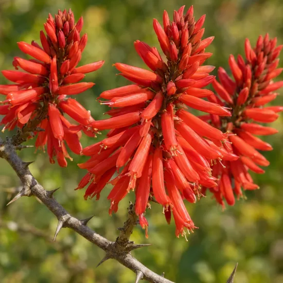 Erythrine crête de coq (Erythrina corallodendron) — gros plan sur longues grappes de fleurs rouges · Photo d'illustration