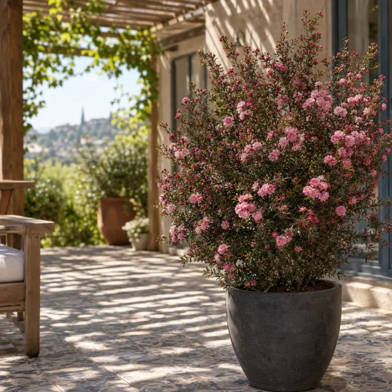 L’arbre à thé 'Rose' (Leptospermum scoparium) — grand arbuste fleuri en pot sur terrasse · Photo d'illustration