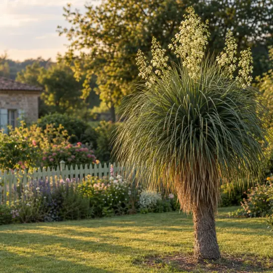 Noisetier 'La siberica' (Nolina hibernica) — plante graphique dressée au milieu d'un jardin