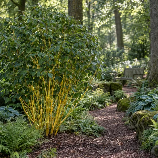 Cornouiller soyeux 'Flaviramea' (Cornus stolonifera) — arbuste aux tiges jaunes près d’un sentier · Photo d'illustration