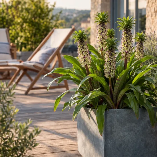 Plante ananas (Eucomis bicolor) — plante fleurie en grand pot sur terrasse · Photo d'illustration
