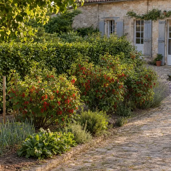 Groseillier à grappes 'Versaillaise rouge' (Ribes rubrum) — buissons fruitiers rouges le long d’une allée pavée · Photo d'illustration