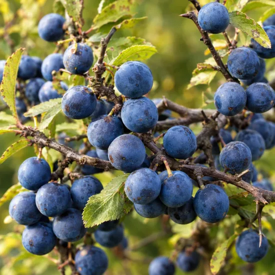 Prunellier (Prunus spinosa) — grappes de petits fruits ronds sur branches · Photo d'illustration