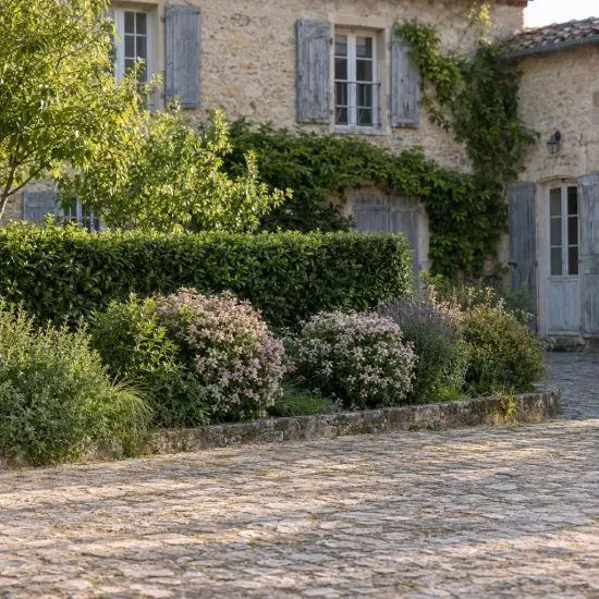 Deutziaprettistars 'Pink cloud' — massif d'arbustes fleuris devant maison en pierre